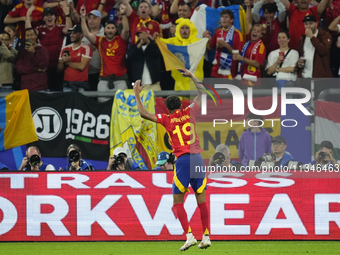 Lamine Yamal right winger of Spain and FC Barcelona during the UEFA EURO 2024 group stage match between Spain and Italy at Arena AufSchalke...