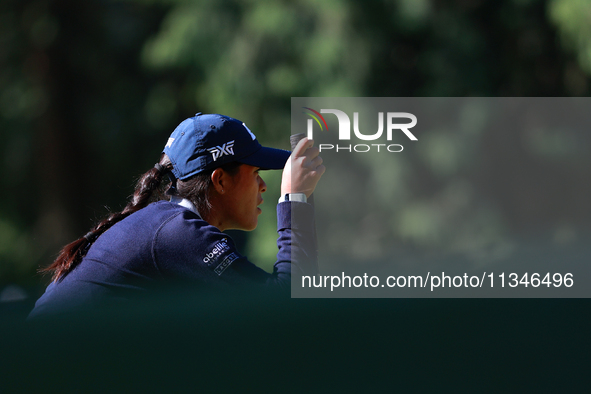 Celine Boutier of France lines up her putt on the 15th green during Day One of the KPMG Women's PGA Championship at Sahalee Country Club in...