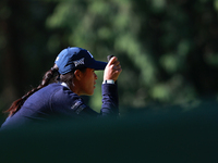 Celine Boutier of France lines up her putt on the 15th green during Day One of the KPMG Women's PGA Championship at Sahalee Country Club in...