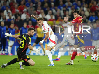 Mateo Retegui centre-forward of Italy and Genoa CFC shooting to goal during the UEFA EURO 2024 group stage match between Spain and Italy at...