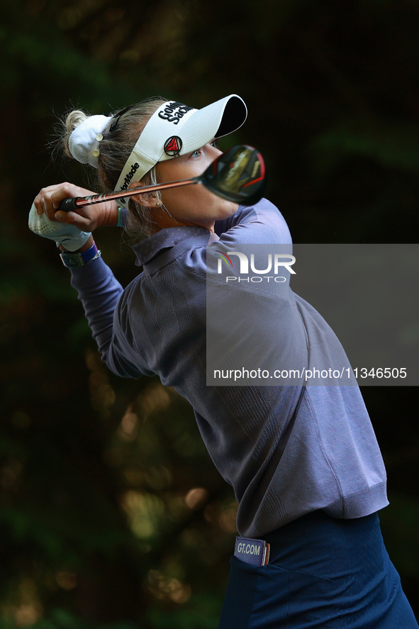 Nelly Korda of the United States tees off on16th hole during Day One of the KPMG Women's PGA Championship at Sahalee Country Club in Sammami...