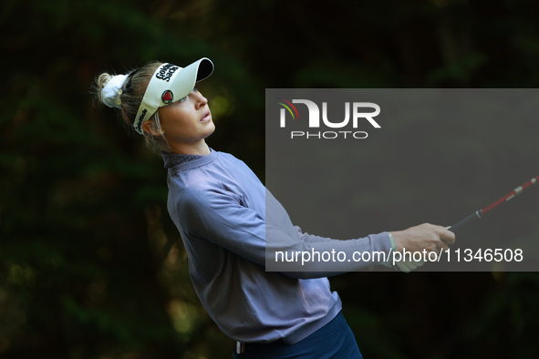 Nelly Korda of the United States tees off on16th hole during Day One of the KPMG Women's PGA Championship at Sahalee Country Club in Sammami...