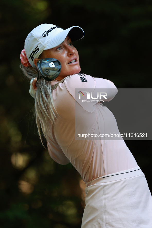 Charley Hull of England tees off on the 16th hole during Day One of the KPMG Women's PGA Championship at Sahalee Country Club in Sammamish,...