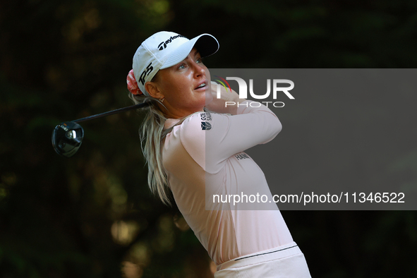 Charley Hull of England tees off on the 16th hole during Day One of the KPMG Women's PGA Championship at Sahalee Country Club in Sammamish,...