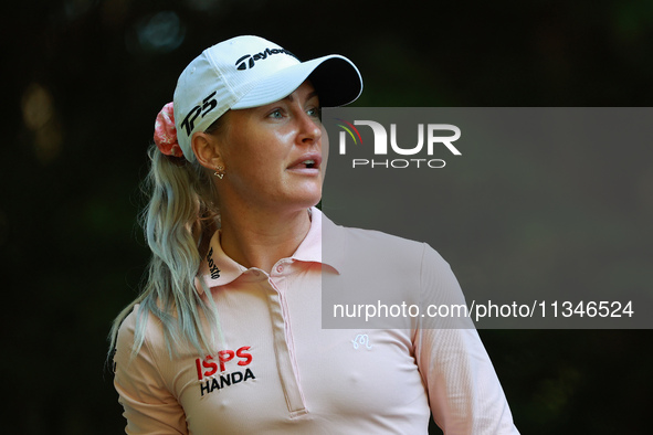 Charley Hull of England tees off on the 16th hole during Day One of the KPMG Women's PGA Championship at Sahalee Country Club in Sammamish,...