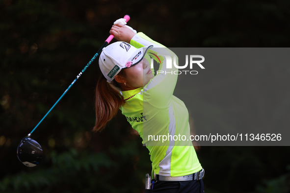 Ayaka Furue of Japan tees off ont the 16th hole during Day One of the KPMG Women's PGA Championship at Sahalee Country Club in Sammamish, Wa...