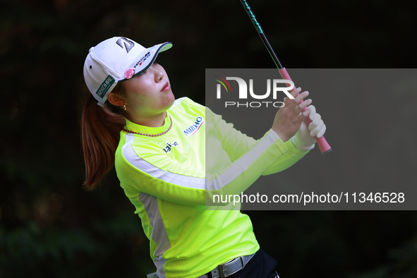 Ayaka Furue of Japan tees off ont the 16th hole during Day One of the KPMG Women's PGA Championship at Sahalee Country Club in Sammamish, Wa...