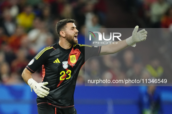 Unai Simon goalkeeper Athletic Club Bilbao gives instructions during the UEFA EURO 2024 group stage match between Spain and Italy at Arena A...