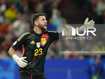 Unai Simon goalkeeper Athletic Club Bilbao gives instructions during the UEFA EURO 2024 group stage match between Spain and Italy at Arena A...