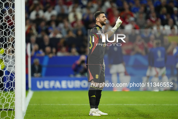 Unai Simon goalkeeper Athletic Club Bilbao gives instructions during the UEFA EURO 2024 group stage match between Spain and Italy at Arena A...