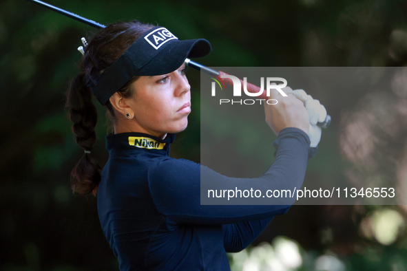 Georgia Hall of England hits from the 16th tee during the first round of the KPMG Women's PGA Championship at Sahalee Country Club on Thursd...