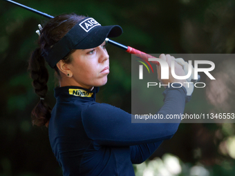 Georgia Hall of England hits from the 16th tee during the first round of the KPMG Women's PGA Championship at Sahalee Country Club on Thursd...