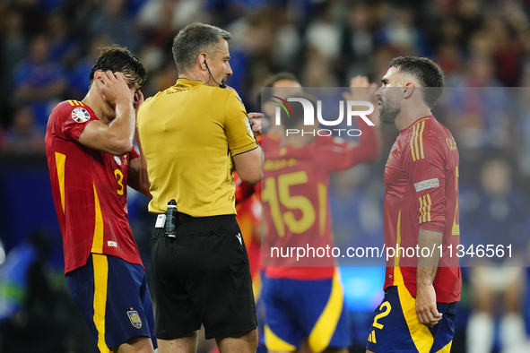 Daniel Carvajal right-back of Spain and Real Madrid protest to referee during the UEFA EURO 2024 group stage match between Spain and Italy a...