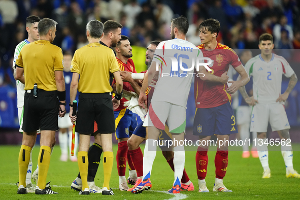 Daniel Carvajal right-back of Spain and Real Madrid protest to referee during the UEFA EURO 2024 group stage match between Spain and Italy a...