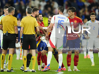 Daniel Carvajal right-back of Spain and Real Madrid protest to referee during the UEFA EURO 2024 group stage match between Spain and Italy a...