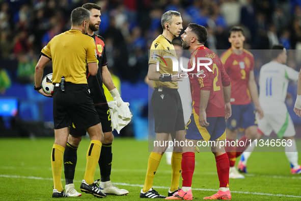 Daniel Carvajal right-back of Spain and Real Madrid protest to referee during the UEFA EURO 2024 group stage match between Spain and Italy a...