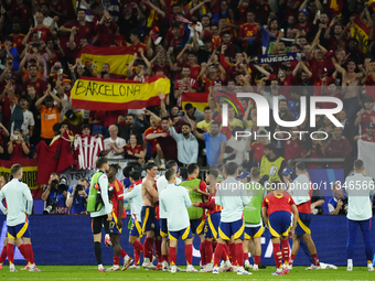 Spanish players celebrates victory after the UEFA EURO 2024 group stage match between Spain and Italy at Arena AufSchalke on June 20, 2024 i...