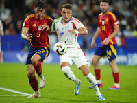 Robin Le Normand centre-back of Spain and Real Sociedad and Mateo Retegui centre-forward of Italy and Genoa CFC compete for the ball during...