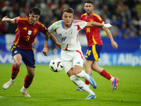 Robin Le Normand centre-back of Spain and Real Sociedad and Mateo Retegui centre-forward of Italy and Genoa CFC compete for the ball during...