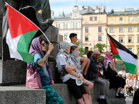 People are participating in a solidarity protest with Palestine in Krakow, Poland, on June 20, 2024, and are marching from the Main Square t...