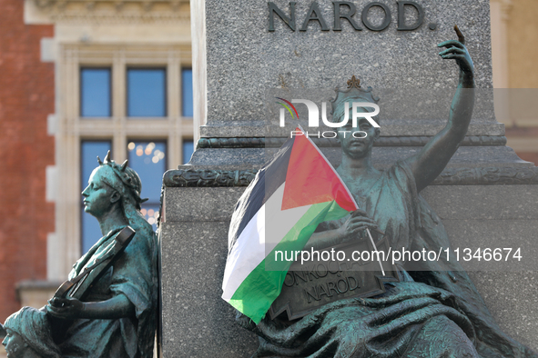 People are participating in a solidarity protest with Palestine in Krakow, Poland, on June 20, 2024, and are marching from the Main Square t...