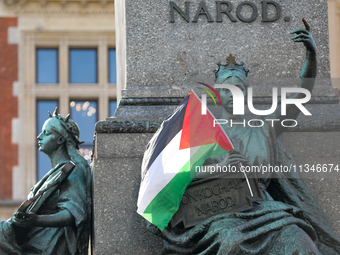 People are participating in a solidarity protest with Palestine in Krakow, Poland, on June 20, 2024, and are marching from the Main Square t...