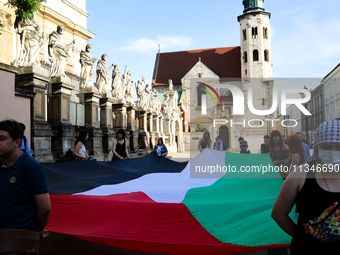 People are participating in a solidarity protest with Palestine in Krakow, Poland, on June 20, 2024, and are marching from the Main Square t...