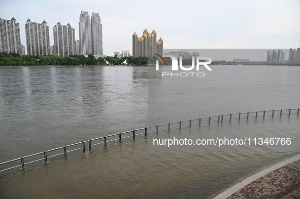 Part of the pedestrian walkway is being submerged by the rising waters of the Sandao pier along the Songhua River in Jilin City, Jilin provi...