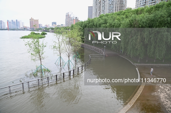 Part of the pedestrian walkway is being submerged by the rising waters of the Sandao pier along the Songhua River in Jilin City, Jilin provi...