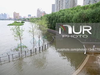 Part of the pedestrian walkway is being submerged by the rising waters of the Sandao pier along the Songhua River in Jilin City, Jilin provi...