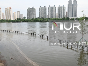 Part of the pedestrian walkway is being submerged by the rising waters of the Sandao pier along the Songhua River in Jilin City, Jilin provi...