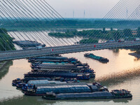 HUAI'AN, CHINA, on June 20, 2024, an aerial photo is showing a large number of ships waiting to be locked upstream of Huaian Lock on the Nor...