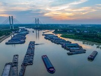 HUAI'AN, CHINA, on June 20, 2024, an aerial photo is showing a large number of ships waiting to be locked upstream of Huaian Lock on the Nor...