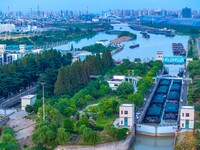 HUAI'AN, CHINA, on June 20, 2024, an aerial photo is showing a large number of ships waiting to be locked upstream of Huaian Lock on the Nor...