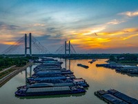 HUAI'AN, CHINA, on June 20, 2024, an aerial photo is showing a large number of ships waiting to be locked upstream of Huaian Lock on the Nor...