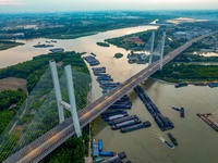 HUAI'AN, CHINA, on June 20, 2024, an aerial photo is showing a large number of ships waiting to be locked upstream of Huaian Lock on the Nor...