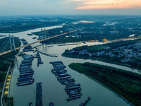 HUAI'AN, CHINA, on June 20, 2024, an aerial photo is showing a large number of ships waiting to be locked upstream of Huaian Lock on the Nor...