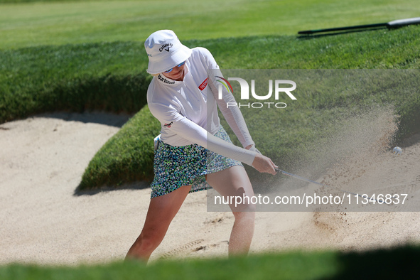 Madelene Sagctrom of Sweden hits out of the bunker toward the 9th green during Day One of the KPMG Women's PGA Championship at Sahalee Count...