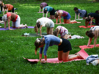 A day ahead of International Yoga Day particpants attend free outdoor yoga classes in Bednarski Park in Krakow, Poland on June 20th. 2024....