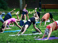 A day ahead of International Yoga Day particpants attend free outdoor yoga classes in Bednarski Park in Krakow, Poland on June 20th. 2024....