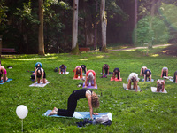 A day ahead of International Yoga Day particpants attend free outdoor yoga classes in Bednarski Park in Krakow, Poland on June 20th. 2024....