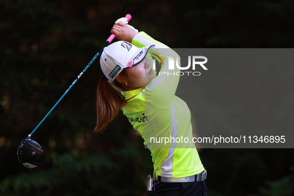 Ayaka Furue of Japan tees off on the 16th hole during Day One of the KPMG Women's PGA Championship at Sahalee Country Club in Sammamish, Was...