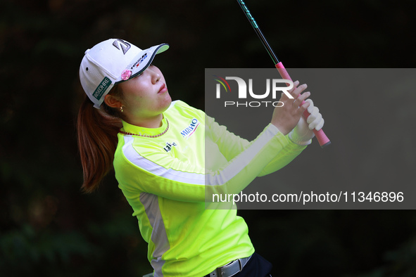 Ayaka Furue of Japan tees off on the 16th hole during Day One of the KPMG Women's PGA Championship at Sahalee Country Club in Sammamish, Was...