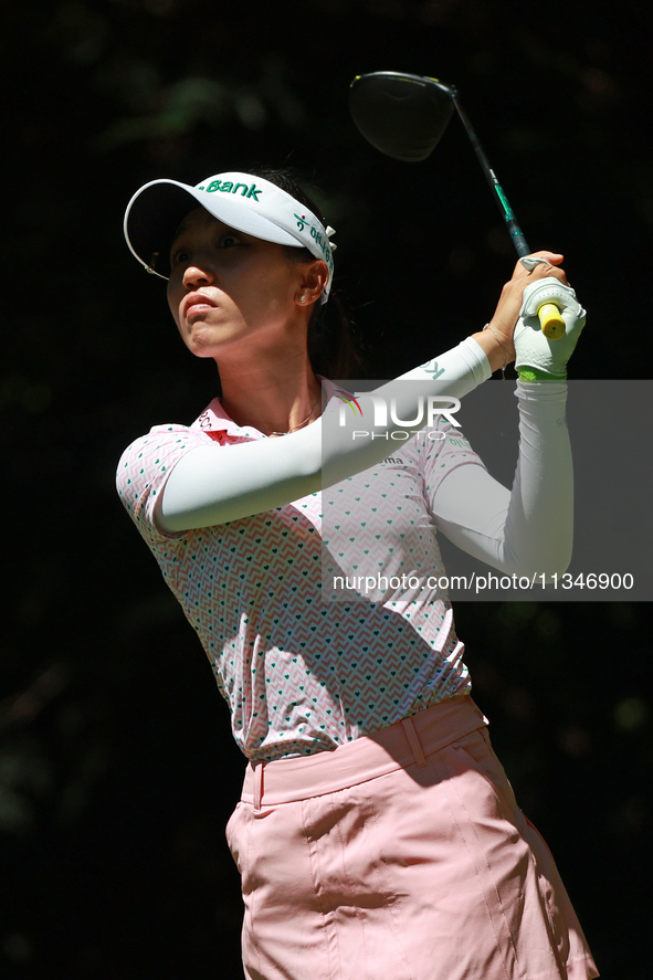 Lydia Ko of New Zealand tees off on the second hole during Day One of the KPMG Women's PGA Championship at Sahalee Country Club in Sammamish...