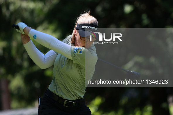 Brooke Henderson of Canada tees off on the third hole during Day One of the KPMG Women's PGA Championship at Sahalee Country Club in Sammami...