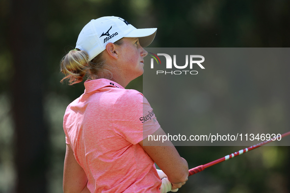 Stacy Lewis of the United States tees off on ther third hole during Day One of the KPMG Women's PGA Championship at Sahalee Country Club in...