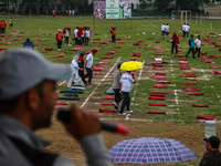 Heavy rainfall is delaying the 10th Yoga Day Celebrations in Baramulla, Jammu and Kashmir, India, on June 21, 2024. PM Modi is leading celeb...