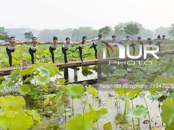 Yoga lovers are practicing yoga on the lotus pond trestle at Tiande Lake Park in Taizhou, China, on June 21, 2024. (