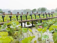 Yoga lovers are practicing yoga on the lotus pond trestle at Tiande Lake Park in Taizhou, China, on June 21, 2024. (