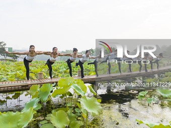 Yoga lovers are practicing yoga on the lotus pond trestle at Tiande Lake Park in Taizhou, China, on June 21, 2024. (